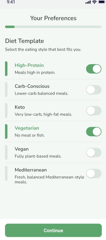 Diet preferences screen